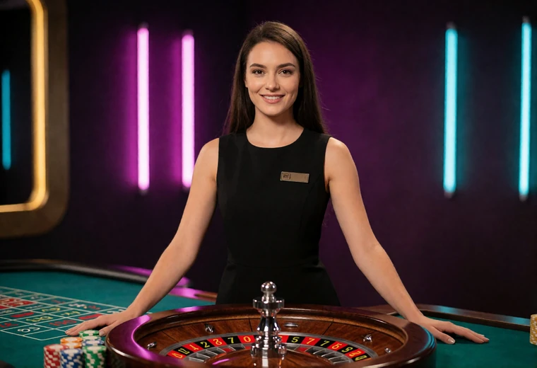 Live-Dealerin am beleuchteten Roulette-Tisch im Neon-Studio des V.Vegas Live Casino Deutschland
