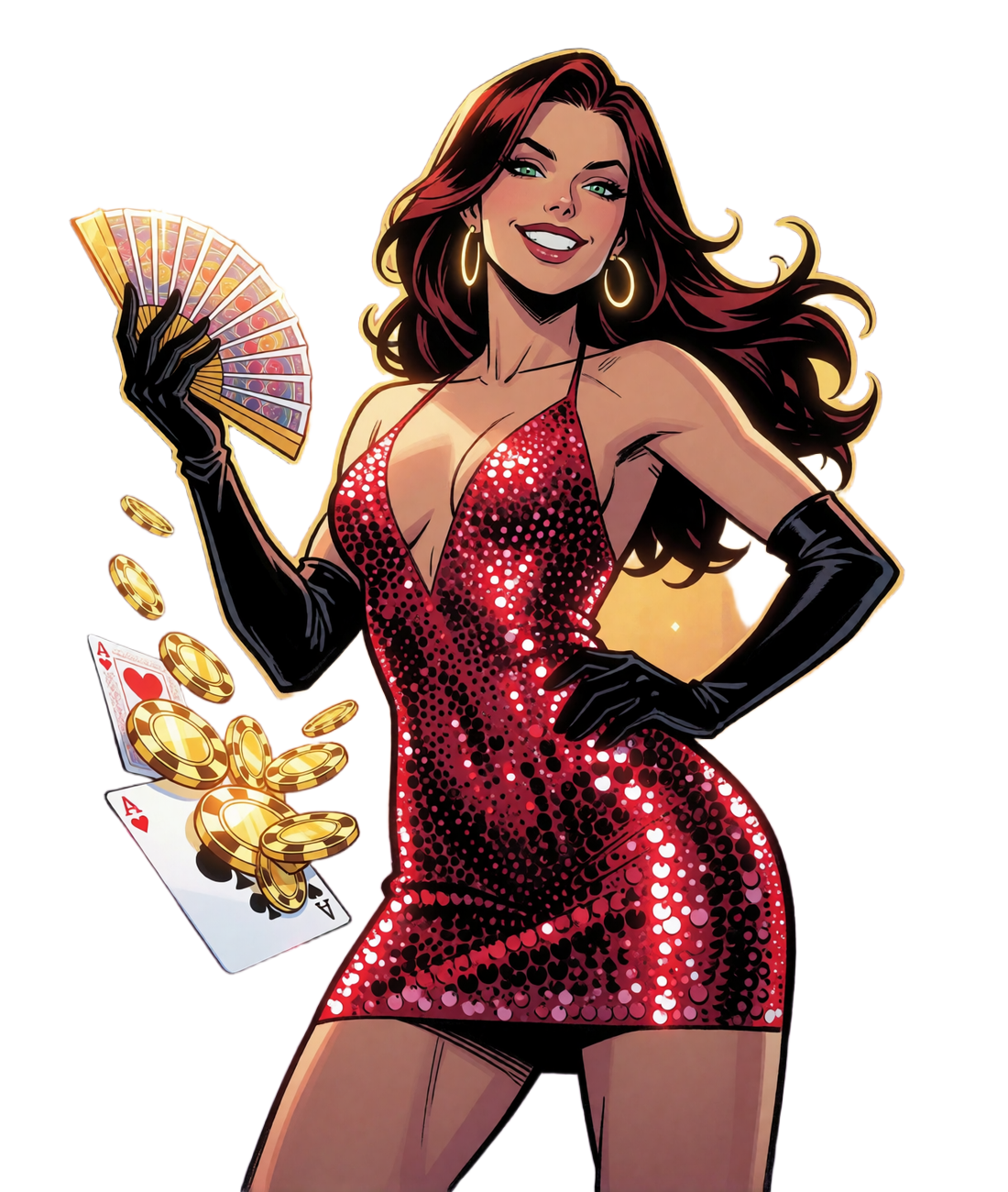 Comic-Illustration einer Frau im roten Pailletten-Kleid mit Goldchips und M&uuml;nzregen zum V.Vegas Casino Bonus