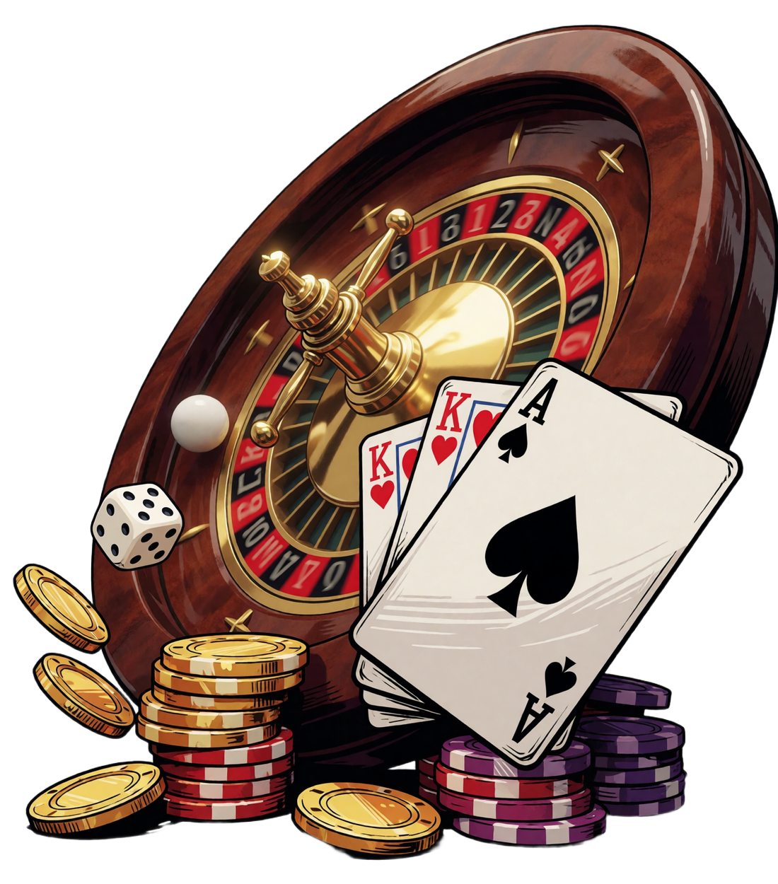Comic-Illustration mit Roulettekessel, Spielkarten, Chipstapel und W&uuml;rfeln als &Uuml;bersicht der Tischspiele bei V.Vegas