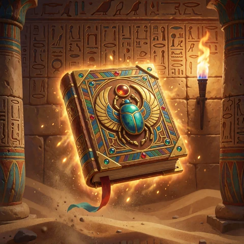 Slot-Thumbnail Book of Dead mit goldenem &auml;gyptischem Zauberbuch vor Tempelwand im V.Vegas Casino