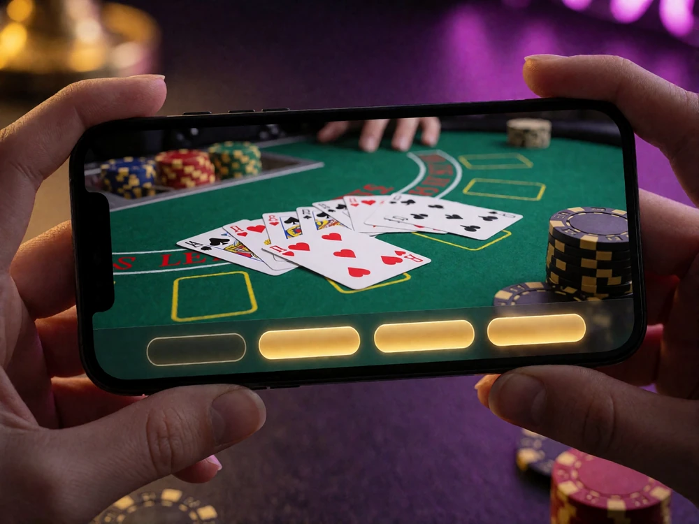 Smartphone im Querformat mit laufendem Live-Blackjack-Stream als Beispiel f&uuml;r das mobile Casino von V.Vegas