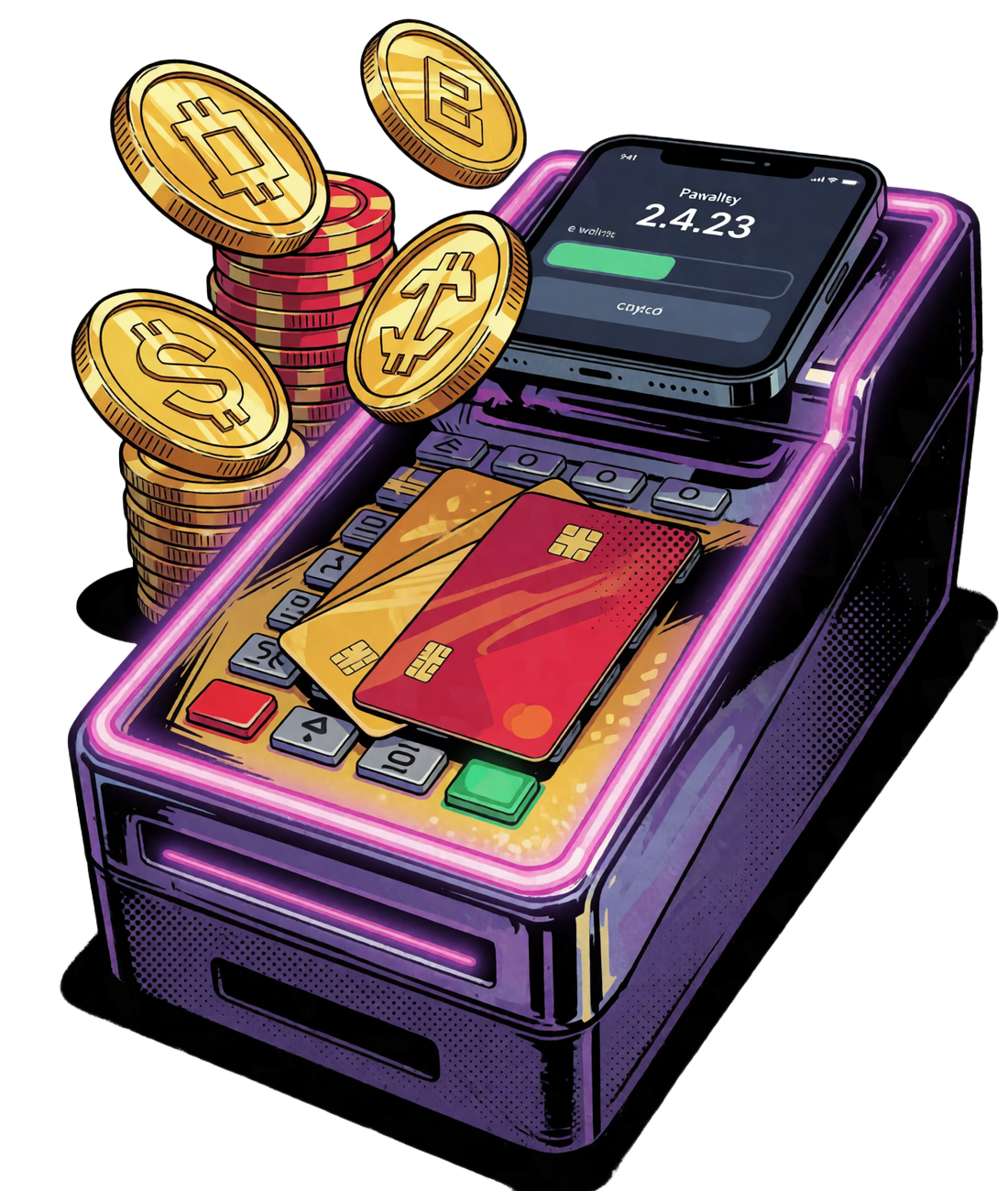 Comic-Illustration eines neonbeleuchteten Zahlterminals mit Bankkarten, E-Wallet-Handy, Chips und Krypto-M&uuml;nzen im V.Vegas Casino