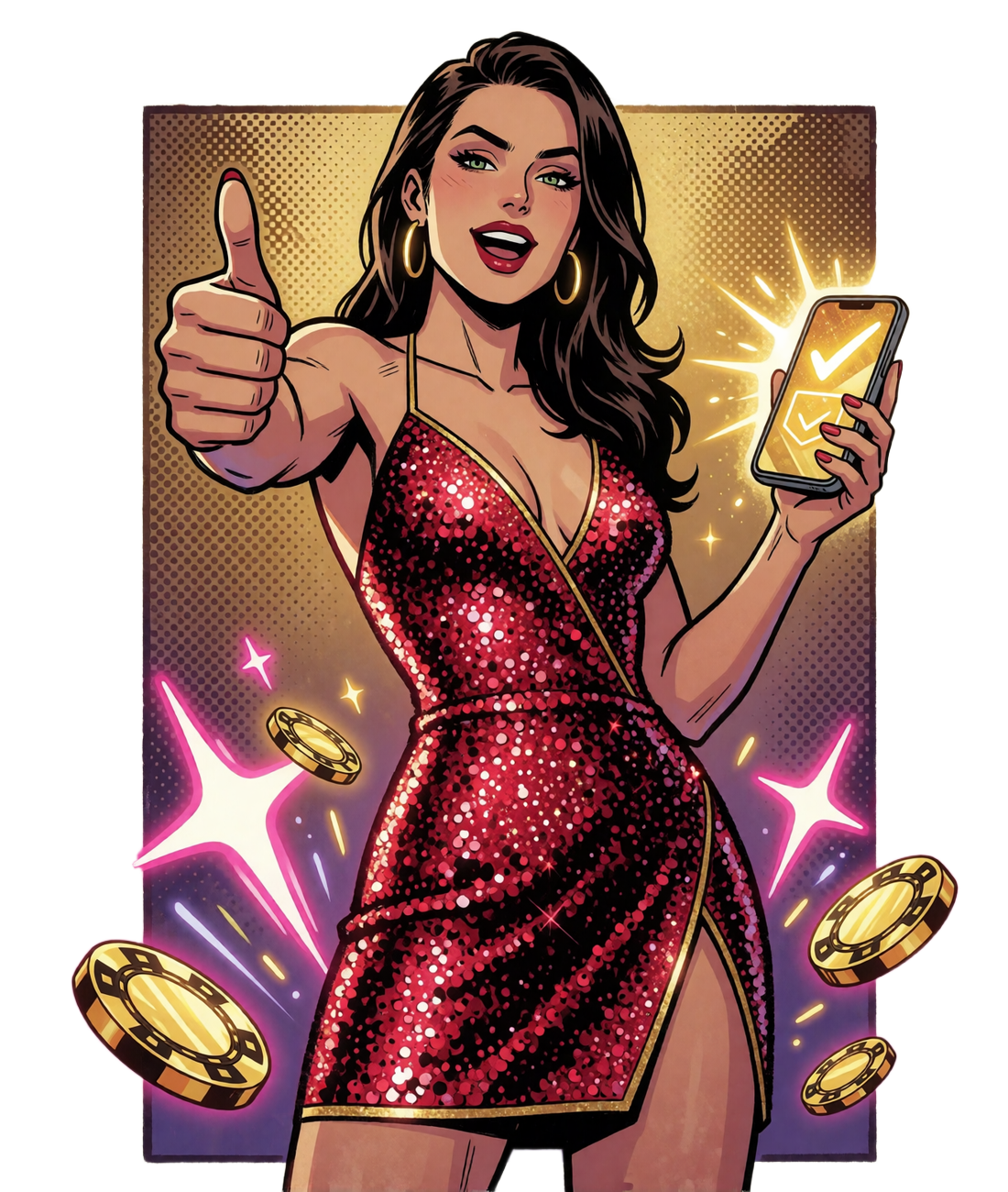 Comic-Illustration einer Frau im roten Glitzerkleid mit Daumen hoch und Smartphone neben Chips - schnelle Registrierung bei V.Vegas
