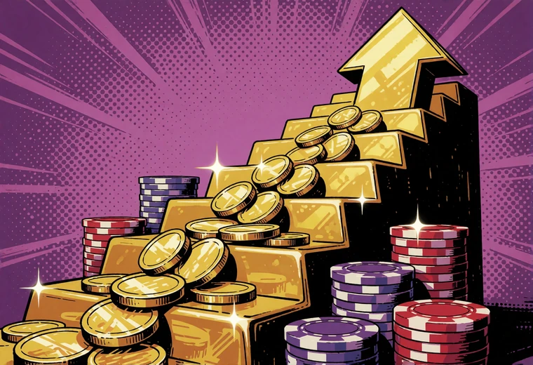 Comic-Illustration mit Goldm&uuml;nzen-Kaskade und Chips auf einer Treppe als Symbol f&uuml;r Cashback und Treuepunkte