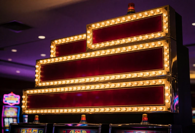Leuchtende Jackpot-Anzeigetafel mit vier aufsteigenden Stufen &uuml;ber einer Slot-Reihe als Bild f&uuml;r progressive Jackpots
