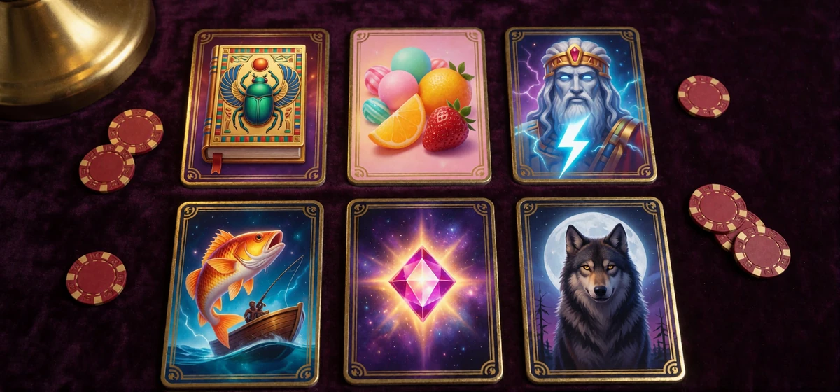 Sechs Slot-Titelbilder mit unterschiedlichen Themen als &Uuml;bersicht der beliebtesten Slot Spiele im V.Vegas Casino