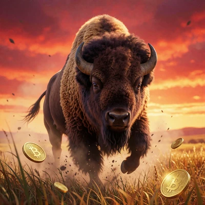 Slot-Thumbnail Buffalo Force mit st&uuml;rmendem Bison in goldener Pr&auml;rie als Bonus-Game-Titel im V.Vegas Casino