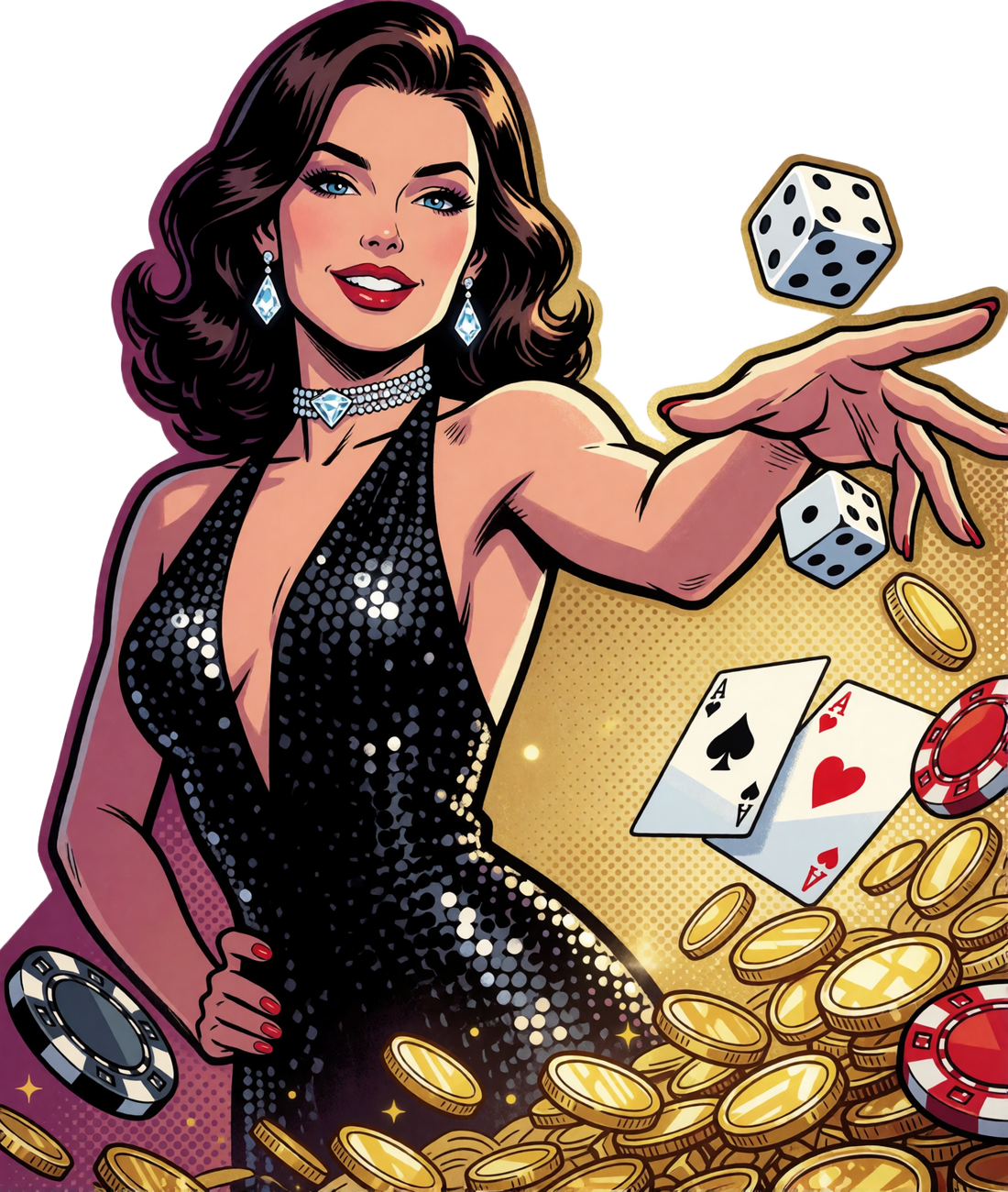 Comic-Illustration einer Frau im Glitzerkleid, die W&uuml;rfel wirft, umgeben von M&uuml;nzen und Chips im V.Vegas Online Casino
