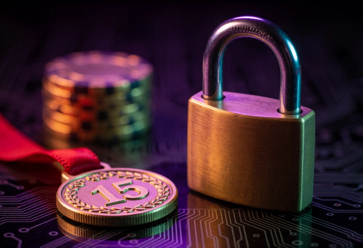 Messing-Vorh&auml;ngeschloss mit goldenem Pr&uuml;fsiegel und Casino-Chips als Sinnbild f&uuml;r Lizenz und SSL-Sicherheit bei V.Vegas
