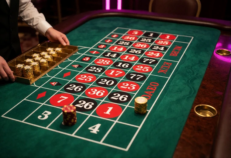 Roulette-Tableau von oben mit markierten Inside- und Outside-Wettfeldern und aufgesetzten Chips als Erkl&auml;rung der Auszahlungen