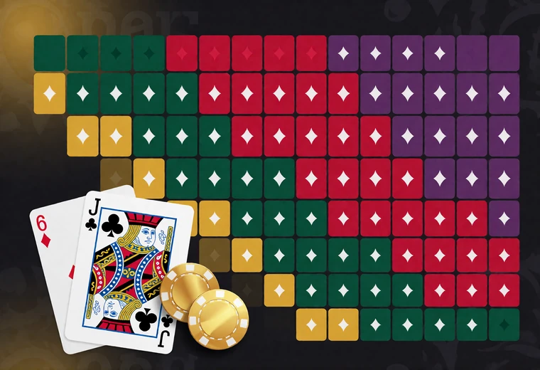 Farbcodierte Blackjack-Grundstrategie-Matrix mit Spielerhand gegen Dealer-Upcard und aufliegenden Spielkarten