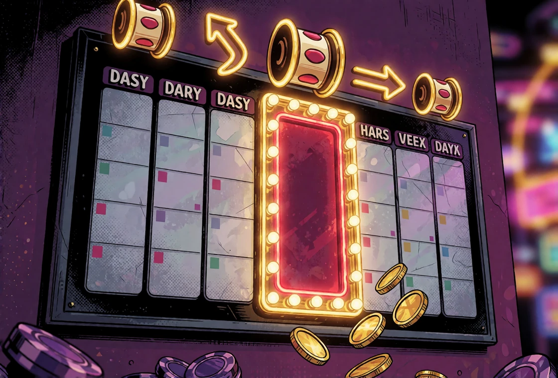 Comic-Illustration eines Neon-Wochenkalenders mit hervorgehobenem Freitag, Freispiel-Symbolen und Chips zum V.Vegas Reload-Bonus