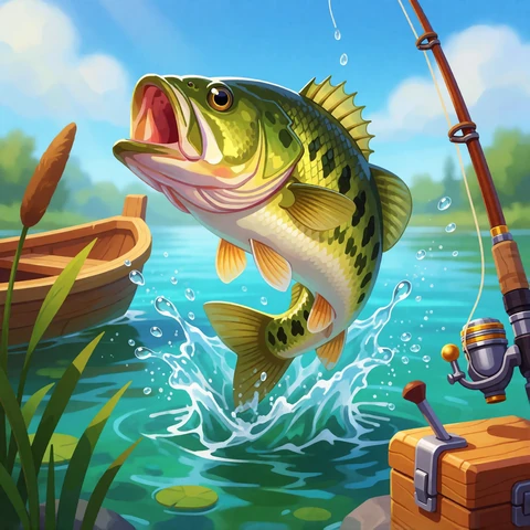 Slot-Thumbnail Big Bass Splash mit springendem Fisch und Angelboot als beliebter Slot bei V.Vegas