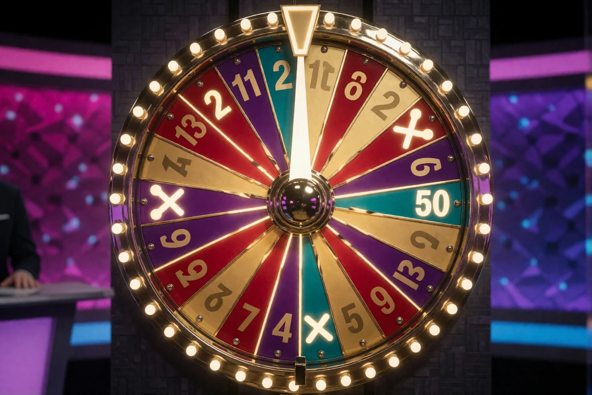 Leuchtendes Game-Show-Rad mit Multiplikator-Feldern im Studio - Live-Format wie Crazy Time bei V.Vegas
