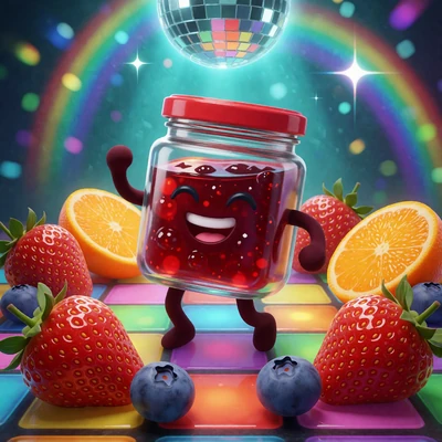Slot-Thumbnail Jammin Jars mit tanzendem Marmeladenglas und Fr&uuml;chten auf einer Discofl&auml;che im Online Casino