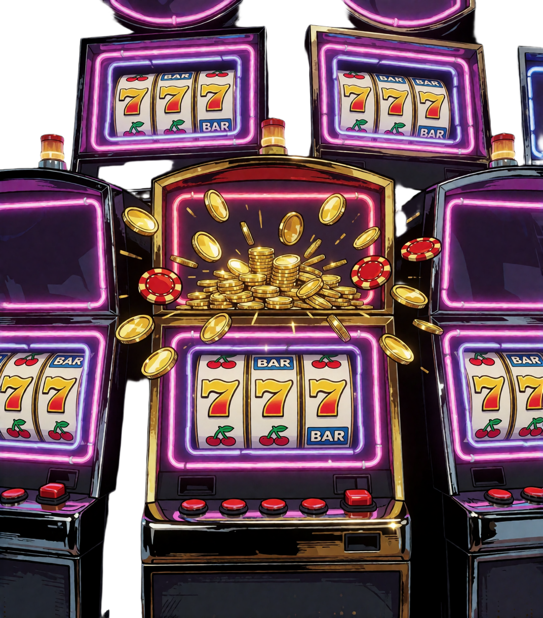 Comic-Illustration einer leuchtenden Neon-Slotwand mit M&uuml;nzexplosion als Symbol f&uuml;r 5.500 Casino Spiele bei V.Vegas