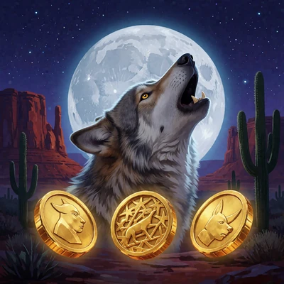 Slot-Thumbnail Wolf Gold mit heulendem Wolf vor Vollmond und Goldm&uuml;nzen als Jackpot-Slot bei V.Vegas