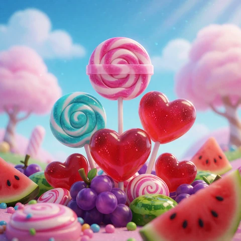 Slot-Thumbnail Sweet Bonanza mit S&uuml;&szlig;igkeiten und Fr&uuml;chten vor pastellblauem Himmel im Online Casino