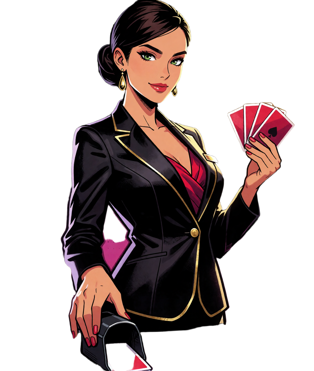 Comic-Illustration einer Live-Dealerin mit Kartenschlitten, Karten und Chips im Live Casino von V.Vegas